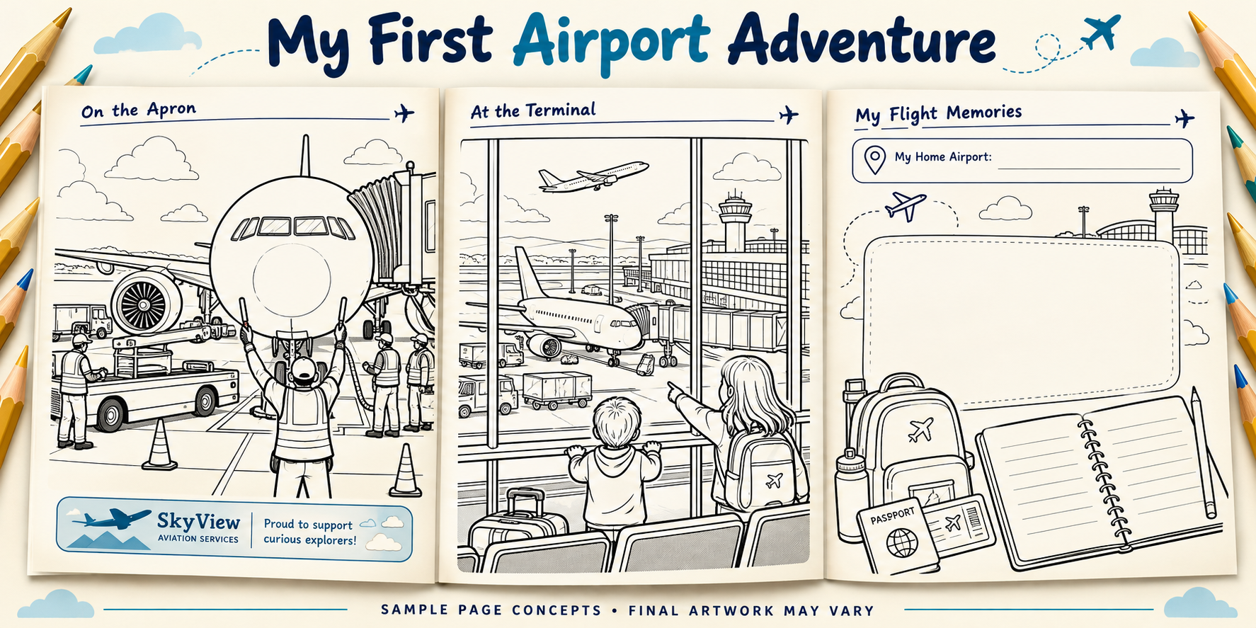 My First Airport Adventure: three sample coloring and memory page concepts