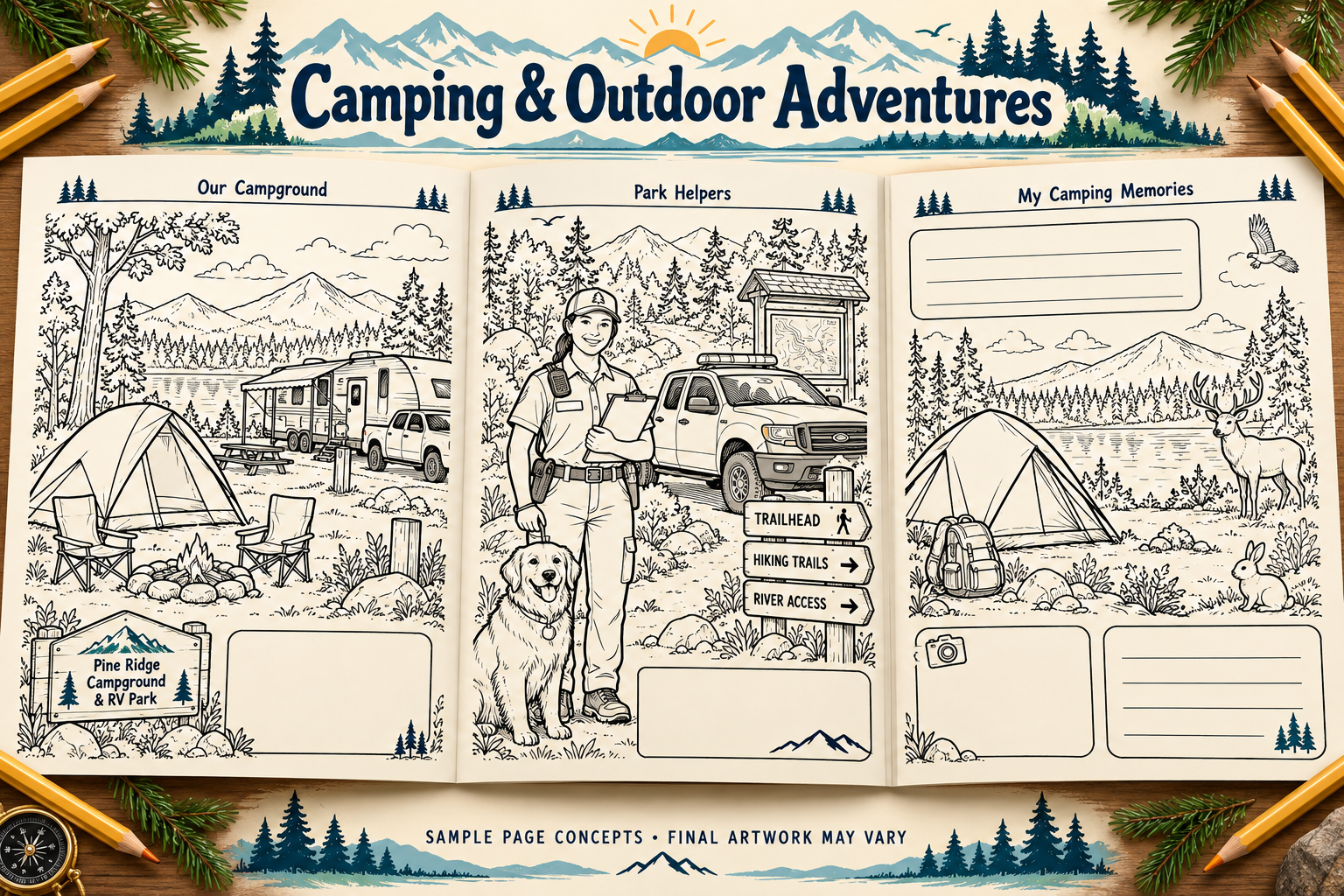 Camping & Outdoor Adventures: three sample coloring and memory page concepts