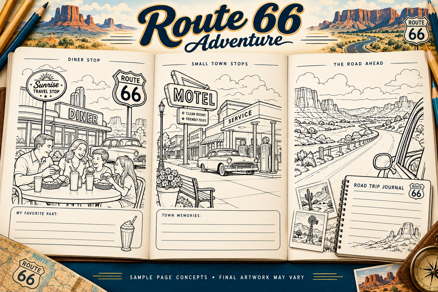 Route 66 Adventure: three sample coloring and memory page concepts
