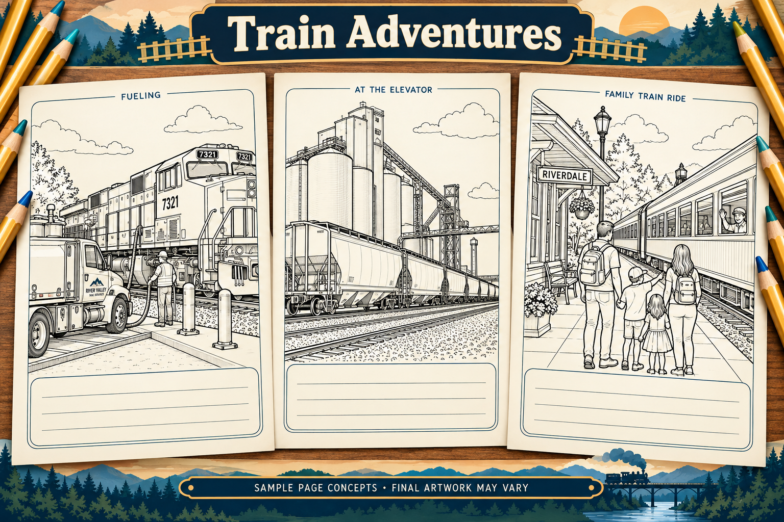 Train Adventures: three sample coloring and memory page concepts